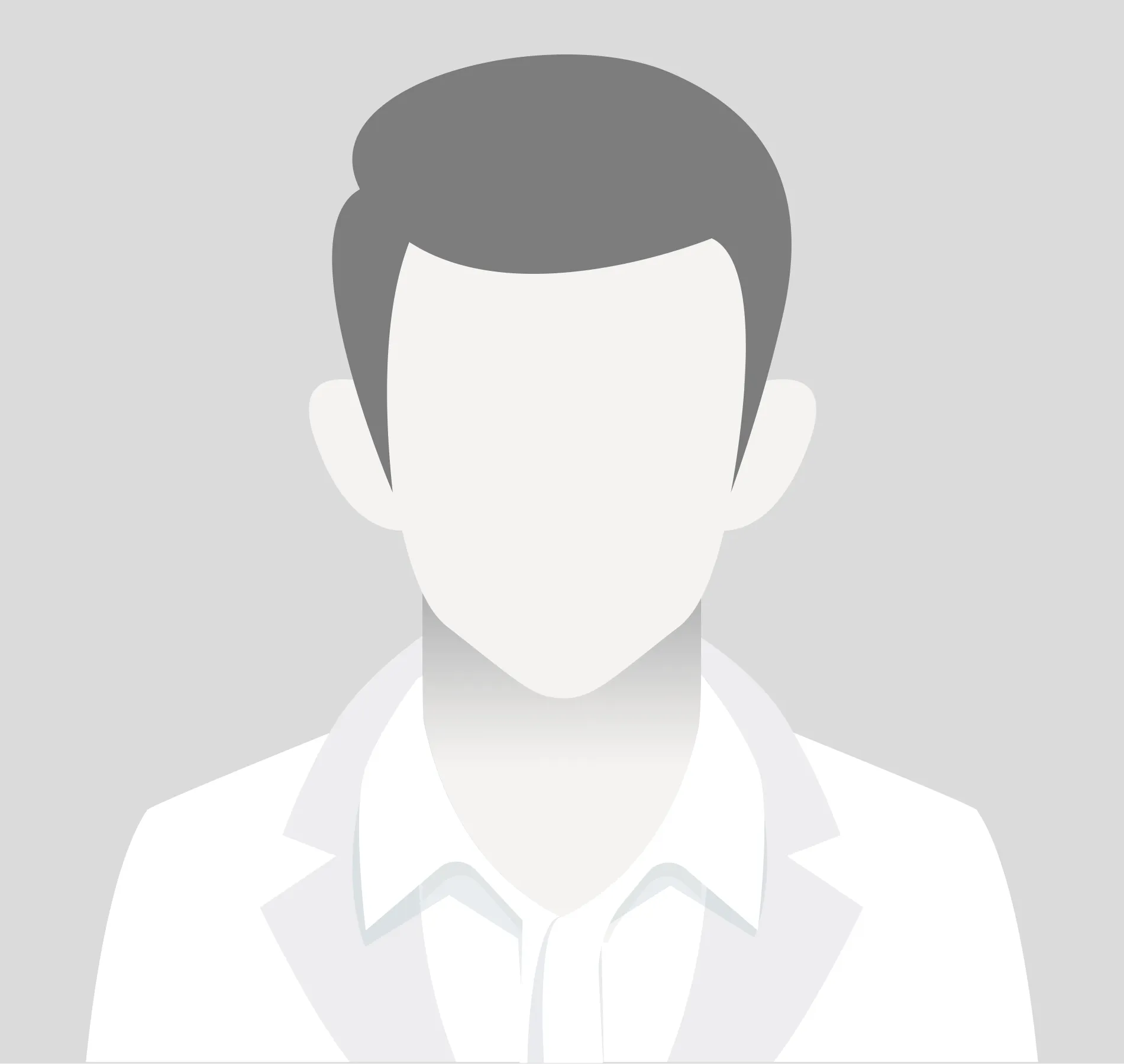 Generic male avatar illustration with short hair, wearing a collared shirt and blazer on a gray background.